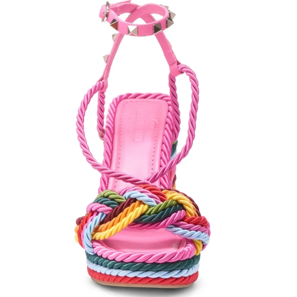 NIB $890 VALENTINO Rockstud Torchon Rainbow Platform Wedge Sandal - size 11 / 41